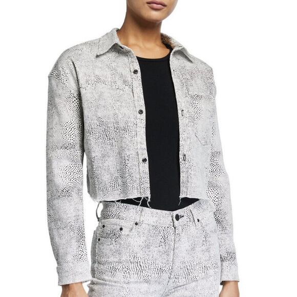 GRLFRND Christy Jacket Stretch Denim Crop Top Animal Attraction White Black - Picture 1 of 11